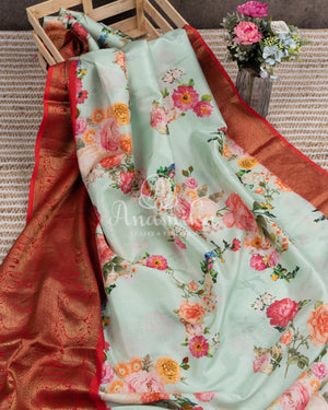 Light Sea Green Floral Kanchi saree with contrast red border