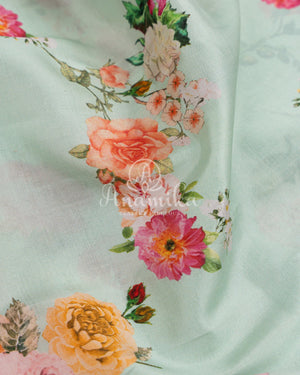 Light Sea Green Floral Kanchi saree with contrast red border