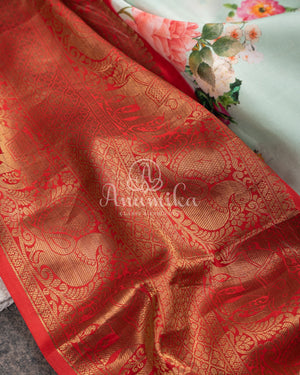Light Sea Green Floral Kanchi saree with contrast red border