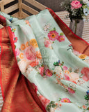 Light Sea Green Floral Kanchi saree with contrast red border