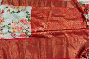 Light Sea Green Floral Kanchi saree with contrast red border