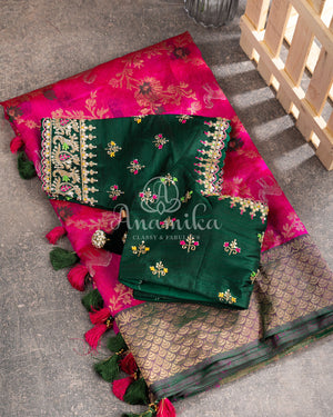 Hot Pink Chanderi pattu saree with a contrast dark green blouse