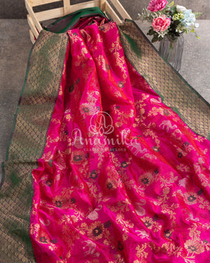 Hot Pink Chanderi pattu saree with a contrast dark green blouse