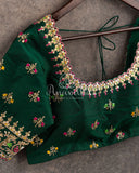 Hot Pink Chanderi pattu saree with a contrast dark green blouse