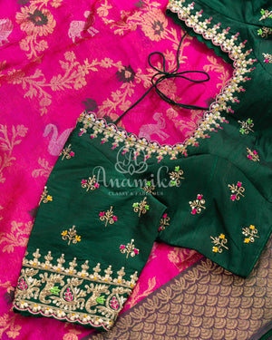 Hot Pink Chanderi pattu saree with a contrast dark green blouse