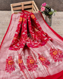 Red Tusser Georgette saree with all over floral jaal, paired with a contrast green blouse