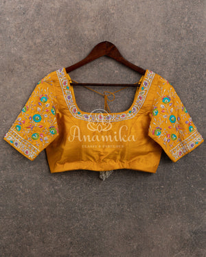 Purple Tusser Georgette saree with all over floral jaal, paired with a contrast mustard yellow blouse