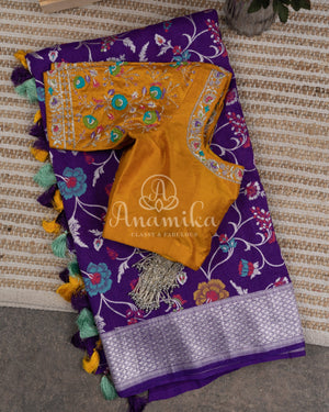 Purple Tusser Georgette saree with all over floral jaal, paired with a contrast mustard yellow blouse