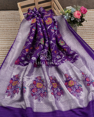 Purple Tusser Georgette saree with all over floral jaal, paired with a contrast mustard yellow blouse