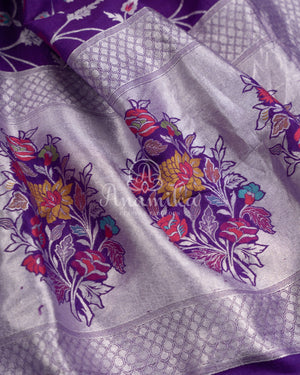 Purple Tusser Georgette saree with all over floral jaal, paired with a contrast mustard yellow blouse