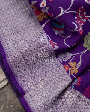Purple Tusser Georgette saree with all over floral jaal, paired with a contrast mustard yellow blouse