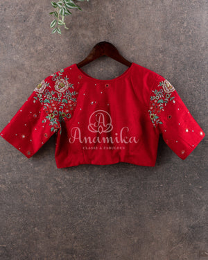 Red blouse with mirror and thread embroidery