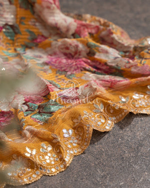 Sunshine Yellow Floral Georgette Sequins with a collar neck blouse