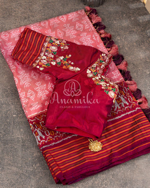 Peach Twill Silk Saree with maroonish red handwoven patola border