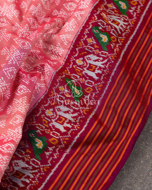 Peach Twill Silk Saree with maroonish red handwoven patola border