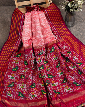 Peach Twill Silk Saree with maroonish red handwoven patola border