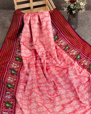 Peach Twill Silk Saree with maroonish red handwoven patola border