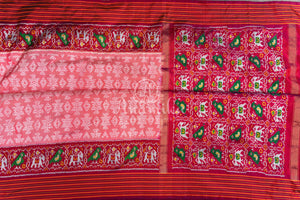 Peach Twill Silk Saree with maroonish red handwoven patola border
