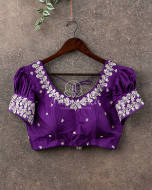 White/Purple Ikkat Silk Saree with purple puff sleeves blouse