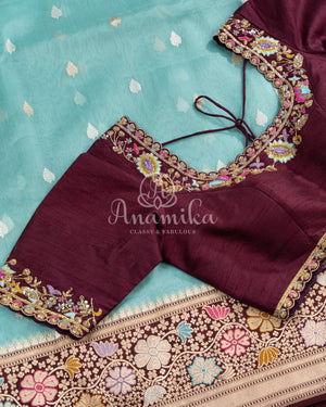 Blue/Brown Kora Banarasi Saree with beautiful meenakari border