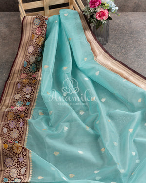Blue/Brown Kora Banarasi Saree with beautiful meenakari border