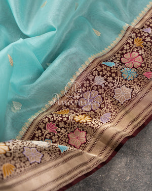 Blue/Brown Kora Banarasi Saree with beautiful meenakari border