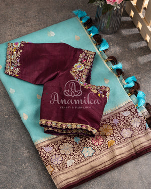 Blue/Brown Kora Banarasi Saree with beautiful meenakari border