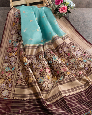 Blue/Brown Kora Banarasi Saree with beautiful meenakari border
