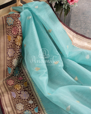 Blue/Brown Kora Banarasi Saree with beautiful meenakari border