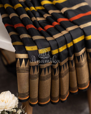 Black multi color stripes saree on Banarasi Silk - paired with black handwork blouse