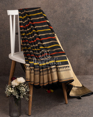 Black multi color stripes saree on Banarasi Silk - paired with black handwork blouse