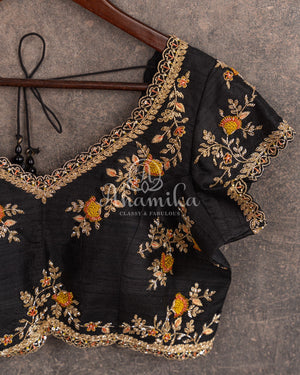 Black multi color stripes saree on Banarasi Silk - paired with black handwork blouse
