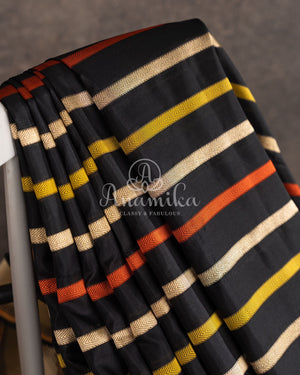 Black multi color stripes saree on Banarasi Silk - paired with black handwork blouse