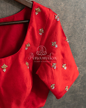 Red Chanderi Tissue Saree with hand work blouse