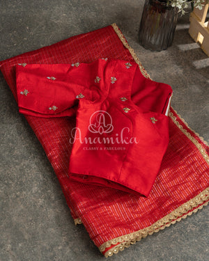 Red Chanderi Tissue Saree with hand work blouse