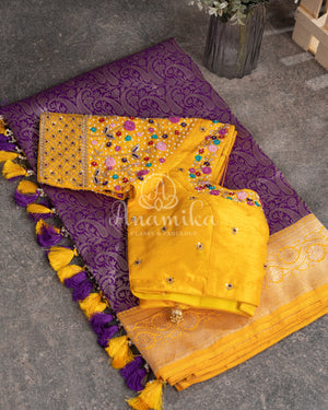 Royal Purple Banarasi saree with a graceful yellow border