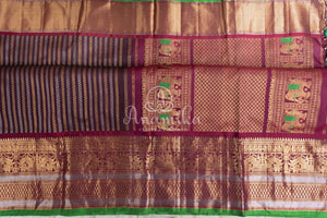 Stunning Kanchi Gadwal saree in chocolate brown and maroonish red combo