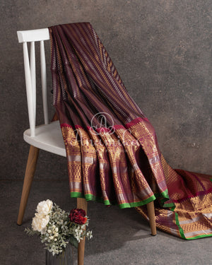 Stunning Kanchi Gadwal saree in chocolate brown and maroonish red combo