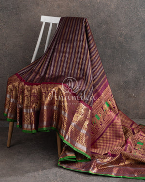 Stunning Kanchi Gadwal saree in chocolate brown and maroonish red combo
