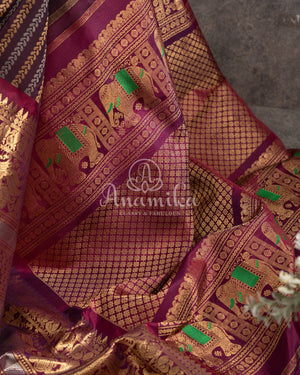 Stunning Kanchi Gadwal saree in chocolate brown and maroonish red combo