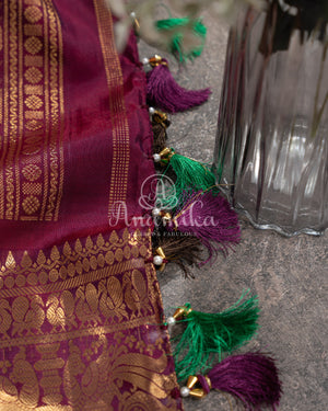Stunning Kanchi Gadwal saree in chocolate brown and maroonish red combo