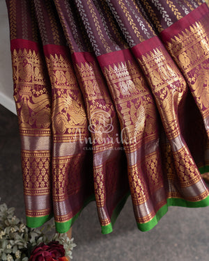 Stunning Kanchi Gadwal saree in chocolate brown and maroonish red combo