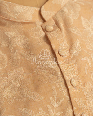 Sandalwood Color Self Embroidered Kurta on soft Jute base fabric