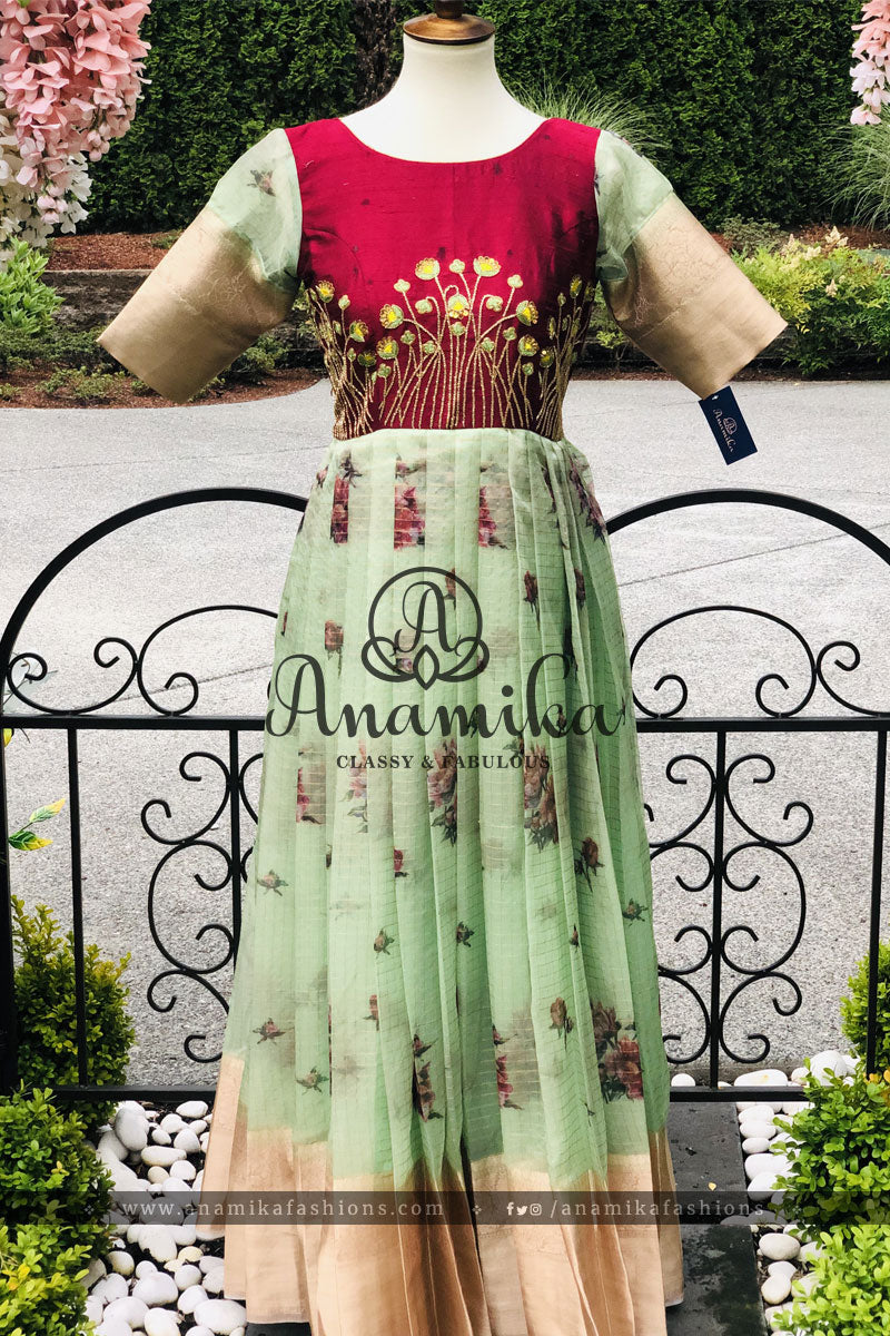 green emerald velvet dress Elegant Floral Embellished Premium Double Layer Organza Gown with Cott