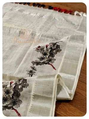 Off white mangalagiri silk saree with contrast black ikkat blouse