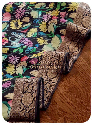 Black Floral Munga Silk Saree
