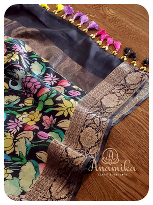 Black Floral Munga Silk Saree