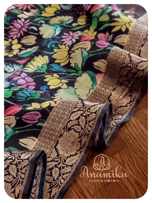Black Floral Munga Silk Saree