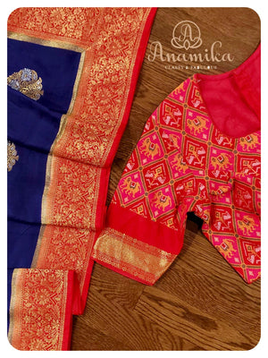 Dark blue munga silk saree with patola
