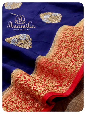 Dark blue munga silk saree with patola